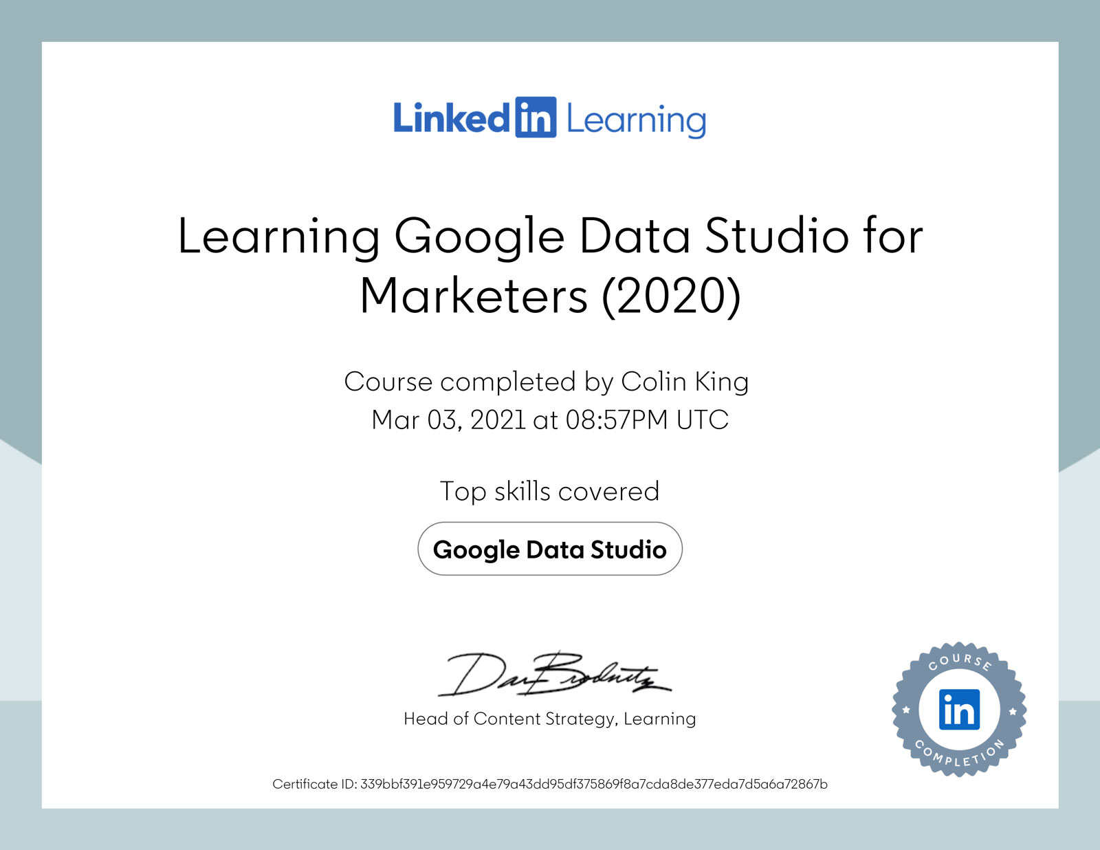 learning google data studio for marketers certificate