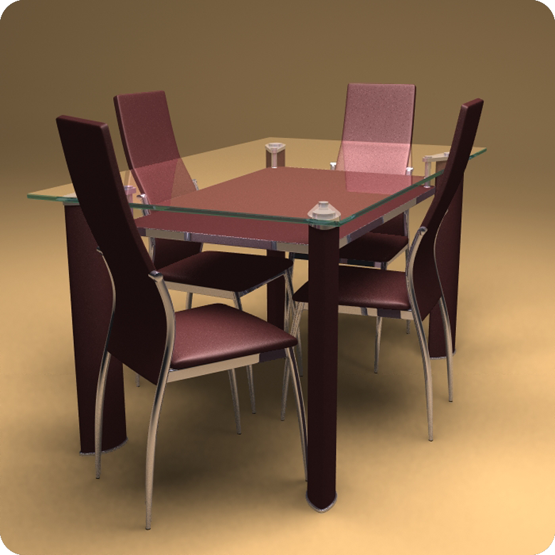 3D rendering of glassed top dining room table with maroon leather chairs