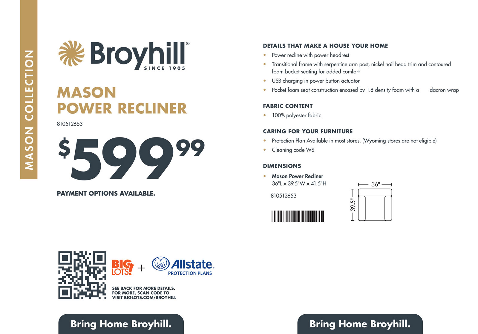 Big Lots Broyhill Mason Recliner sign