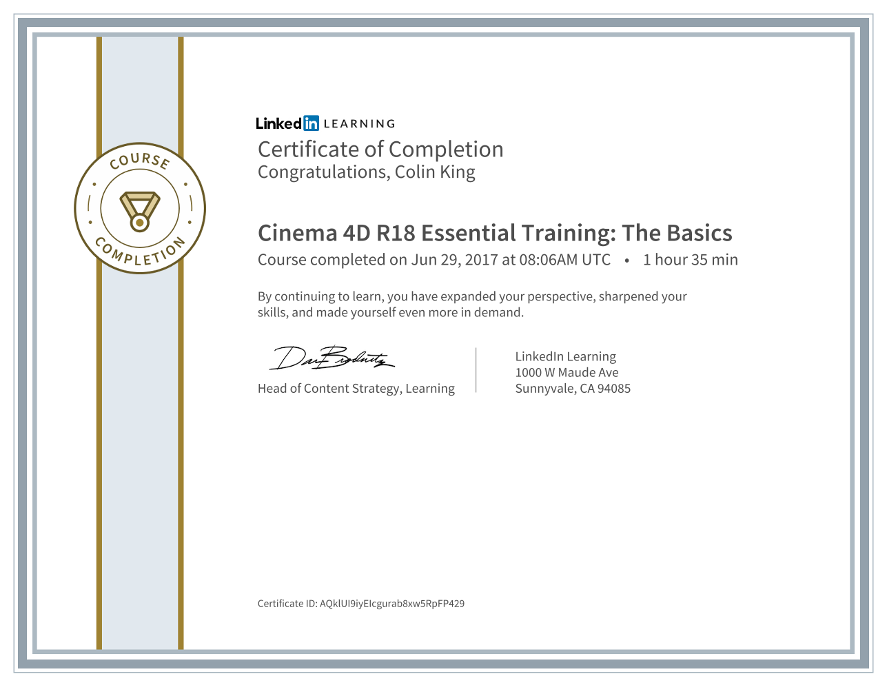 Cinema 4D R18 Essential Training certificate