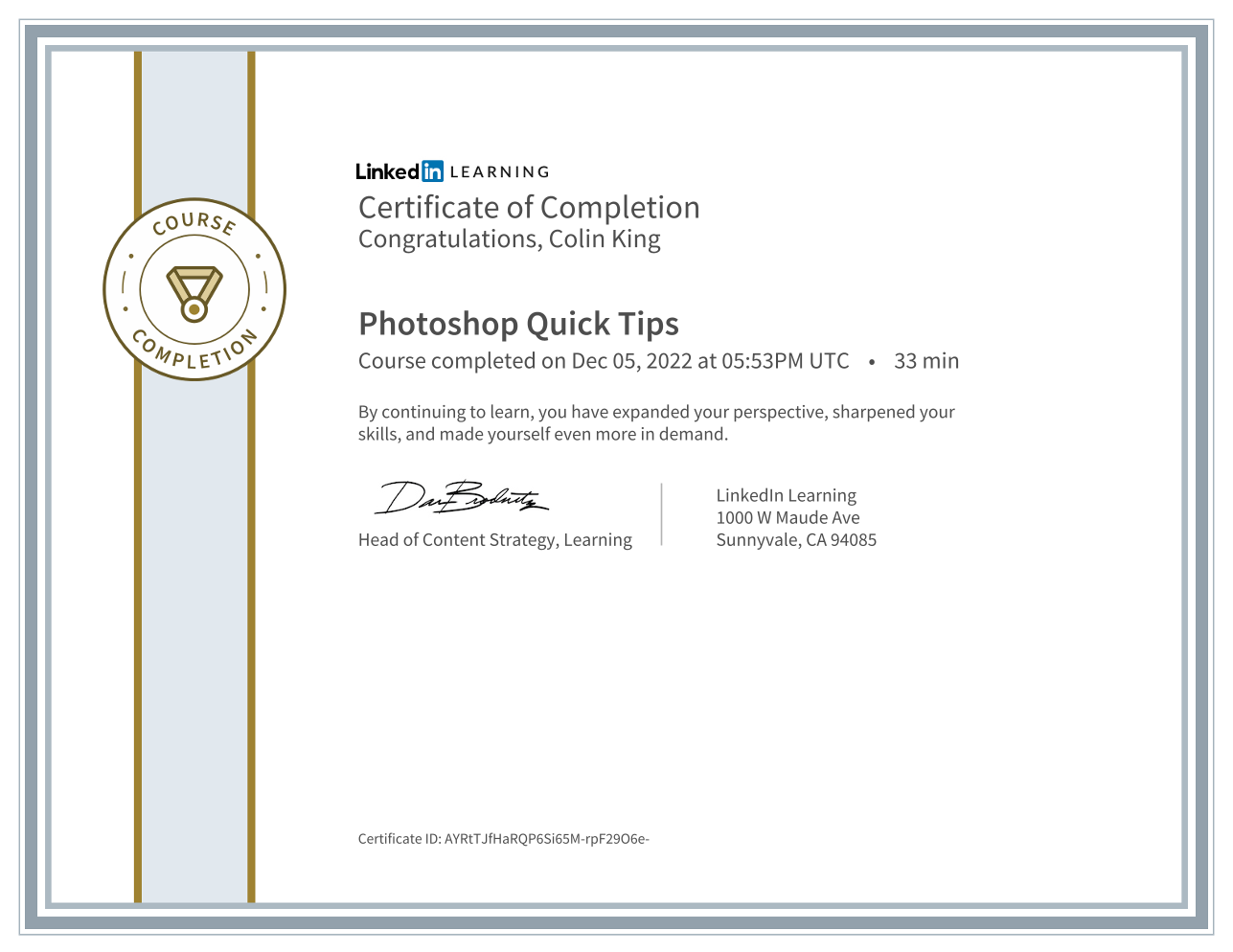 Photoshop Quick Tips certificate