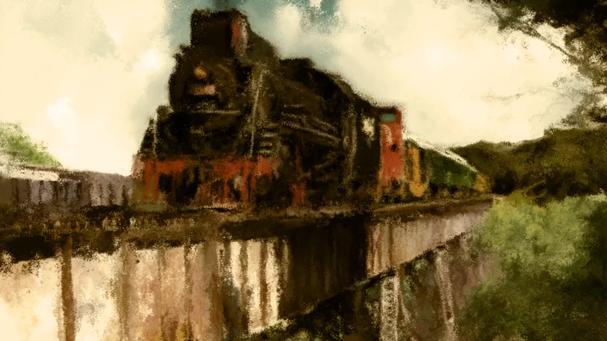 Oli painting of the Tulip viaduct in subdued colors with a locomotive train steaming towards us