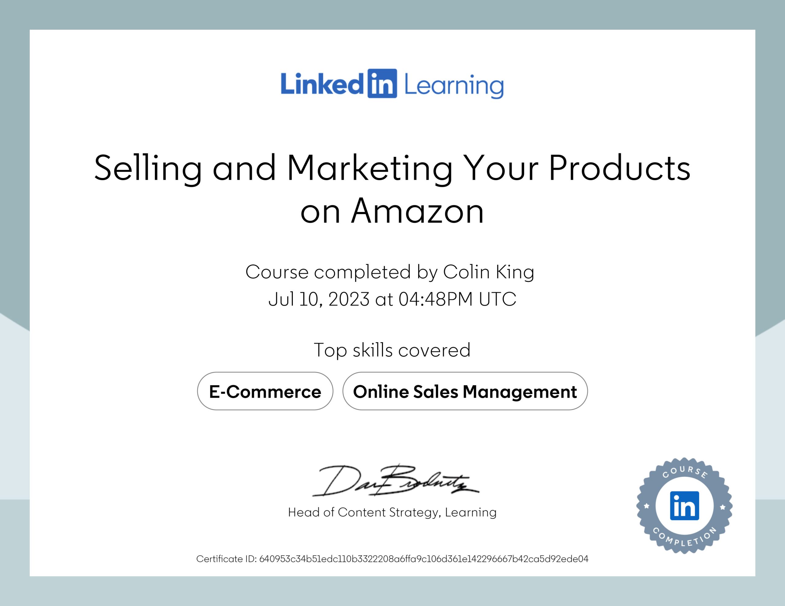 Certificate Of Completion Selling and Marketing Your Products on Amazon
