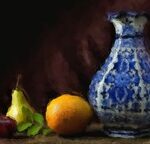 Still life of vase and fruit