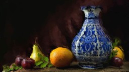 Still life of vase and fruit