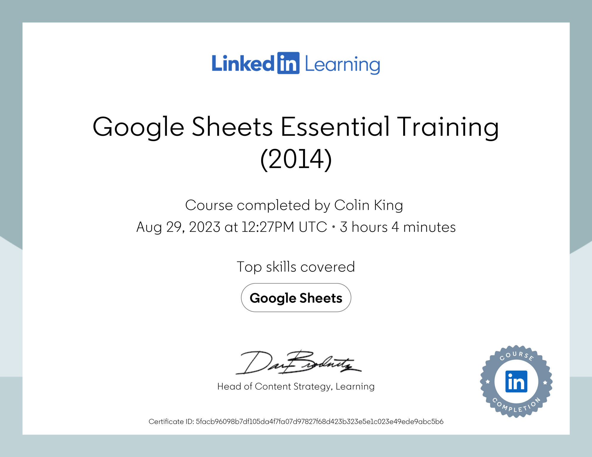 Google sheets essential training Certificate Of Completion