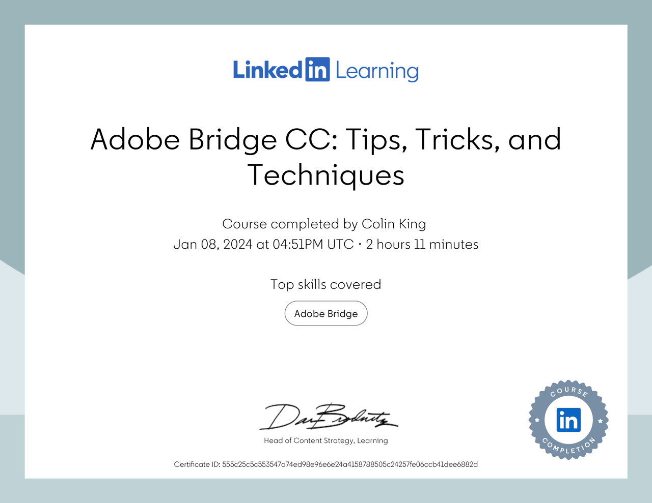 Certificate Of Completion Adobe-Bridge CC Tips Tricks and Techniques